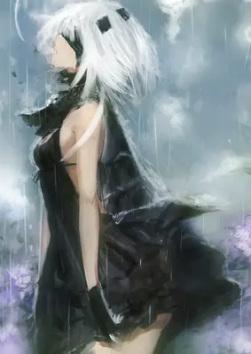 Digital illustration of 2B (YoRHa No.2 Type B) from NieR: Automata standing in the rain with white hair and a black dress.