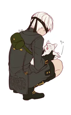 Fan art of 2B (YoRHa No.2 Type B) from NieR: Automata holding a white cat in a crouched pose.