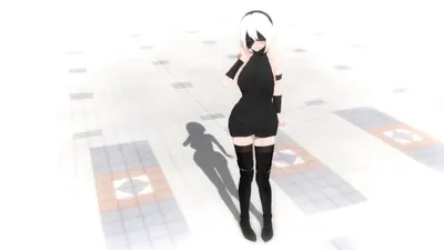 Digital illustration of 2B (YoRHa No.2 Type B) from NieR: Automata wearing a black dress and blindfold on a tiled floor.