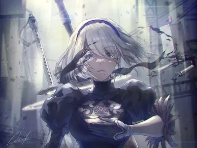 2B (YoRHa No.2 Type B) from NieR: Automata depicted in a gothic-lolita style with a blindfold and sword in a post-apocalyptic setting.