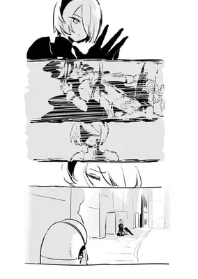 Black and white fan art of 2B (YoRHa No.2 Type B) from NieR: Automata, depicted in a dramatic, fragmented composition.