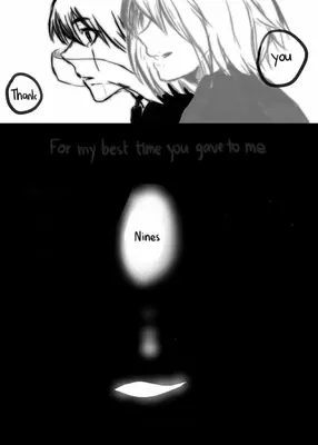 Black-and-white fan art of 2B (YoRHa No.2 Type B) from NieR: Automata, featuring a close-up profile with text bubbles and a glowing figure below.