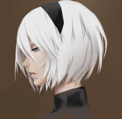 2B (YoRHa No.2 Type B) from NieR: Automata depicted in a digital illustration, shown in profile with white hair and a black headband against a neutral background.