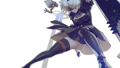 Digital illustration of 2B (YoRHa No.2 Type B) from NieR: Automata in a dynamic action pose with a sword and blindfold.