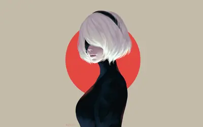 Digital illustration of 2B (YoRHa No.2 Type B) from NieR: Automata, featuring white hair and a black dress against a red circular backdrop.