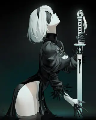 Digital illustration of 2B (YoRHa No.2 Type B) from NieR: Automata, depicted in a gothic-lolita style with a blindfold and sword.