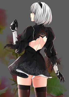 Digital illustration of 2B (YoRHa No.2 Type B) from NieR: Automata, shown from behind in a black gothic-lolita dress with feathered gloves and a blindfold.