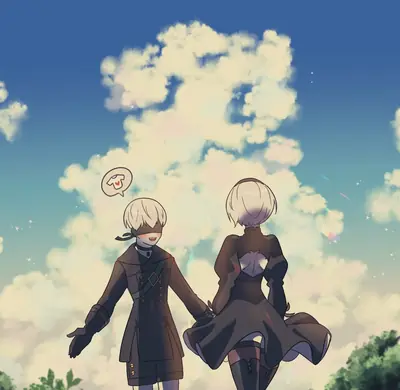 Digital illustration of 2B and 9S from NieR: Automata holding hands under a cloudy sky.