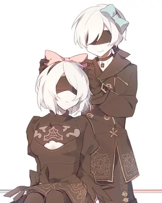 Digital illustration of 2B and A2 from NieR: Automata, featuring two YoRHa androids in gothic-lolita outfits with blindfolds and bows.