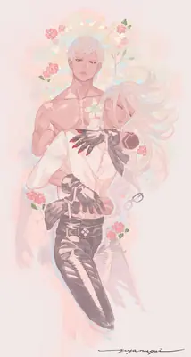 Digital illustration of 2B and 9S from NieR: Automata, featuring a tender moment with floral elements and soft lighting.