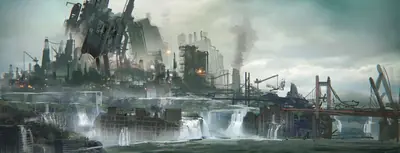 Concept art from NieR: Automata depicting a post-apocalyptic industrial landscape with ruined structures and waterfalls.