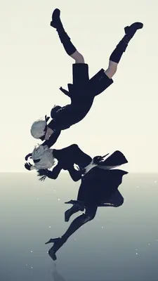 Fan art of 2B (YoRHa No.2 Type B) from NieR: Automata depicted in a dynamic action pose against a reflective surface.