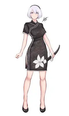 2B (YoRHa No.2 Type B) from NieR: Automata wearing a black gothic-lolita dress with a white flower design, holding a sword.