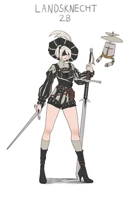 Fan art of 2B (YoRHa No.2 Type B) from NieR: Automata depicted in a gothic-lolita outfit with dual swords and a blindfold.