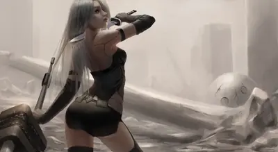 Digital illustration of 2B (YoRHa No.2 Type B) from NieR: Automata in a combat pose with a sword, set in a desolate urban landscape.