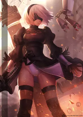 Fan art of 2B (YoRHa No.2 Type B) from NieR: Automata wearing a gothic-lolita style black dress with a blindfold, set against a post-apocalyptic industrial backdrop.