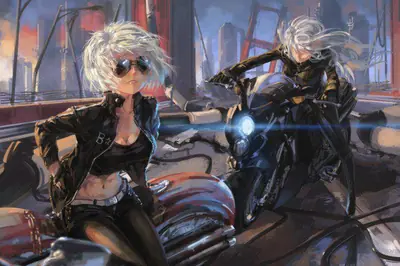 Fan art of 2B (YoRHa No.2 Type B) from NieR: Automata sitting on a motorcycle in a post-apocalyptic urban setting.