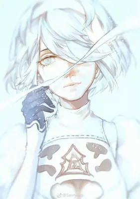 Digital illustration of 2B (YoRHa No.2 Type B) from NieR: Automata wearing a white dress and holding a blade, with a blindfold over her eyes.