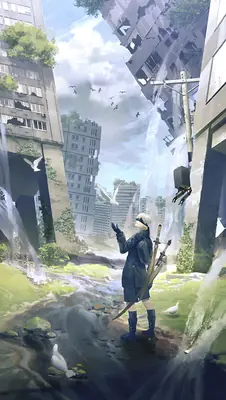 2B (YoRHa No.2 Type B) from NieR: Automata stands in a post-apocalyptic urban landscape with overgrown buildings and cascading waterfalls.