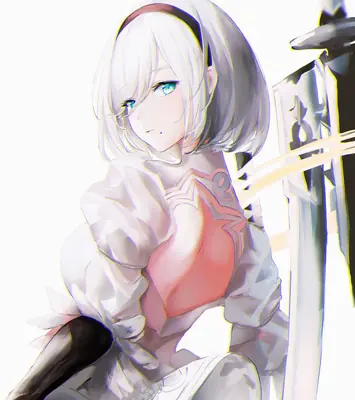 Digital illustration of 2B (YoRHa No.2 Type B) from NieR: Automata, featuring a gothic-lolita style outfit with a blindfold and sword.