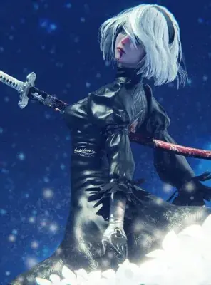 2B from NieR:Automata holding her katana, with a somber expression.