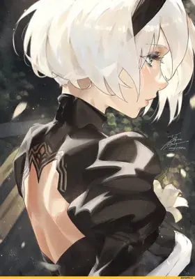 Illustration of 2B from NieR:Automata looking over her shoulder.