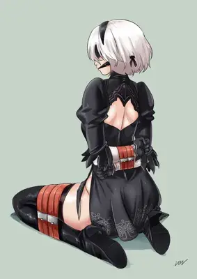 Illustration of 2B from NieR:Automata kneeling and looking over her shoulder.
