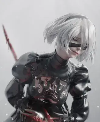 A digital painting of 2B from NieR:Automata, looking down with a melancholic expression and a blood-stained dress.