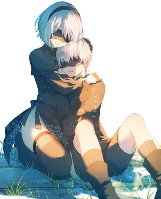 Illustration of 2B from NieR:Automata, seated and hugging her knees.