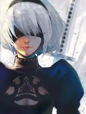 Digital art of 2B from NieR:Automata, holding her katana.