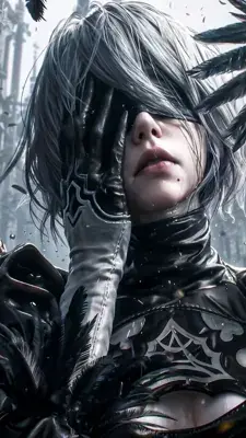 Close-up portrait of 2B from NieR:Automata, partially obscured by her gloves.