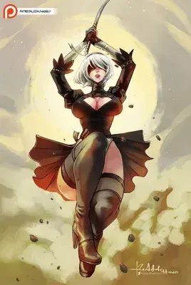 Digital art of 2B from NieR:Automata wielding her katana.