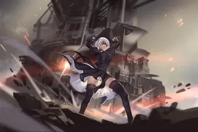 Illustration of 2B from NieR:Automata in a dynamic combat pose against a ruined cityscape.