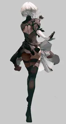 Illustration of 2B from NieR:Automata, facing away from the viewer.