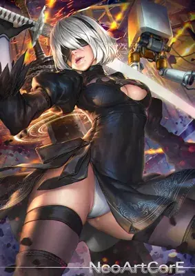 Digital art of 2B from NieR:Automata in a dynamic pose with her sword.