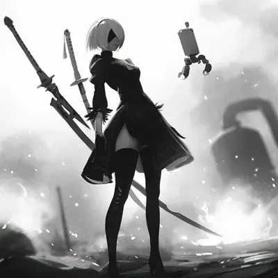 Grayscale illustration of 2B from NieR:Automata standing amidst a ruined landscape with swords crossed.