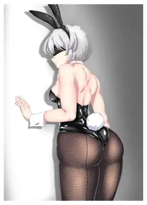 Digital art of 2B from NieR:Automata in a bunny outfit.