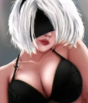 Digital art of 2B from NieR:Automata wearing her blindfold and black bra.
