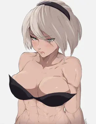 Digital illustration of 2B from NieR:Automata, showing her upper body and detailed physique.