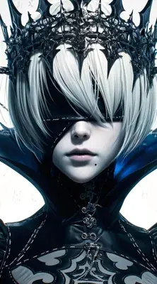 Close-up portrait of 2B from NieR:Automata, featuring her white hair and signature blindfold.