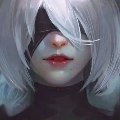 Close-up portrait of 2B from NieR:Automata with her white hair and blindfold.