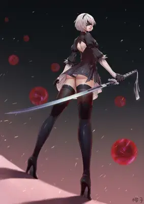 Digital art of 2B from NieR:Automata holding her katana.
