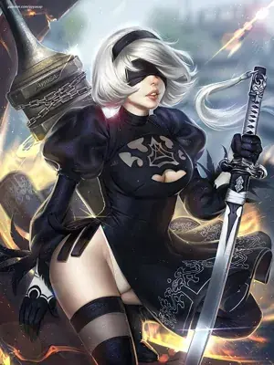 Digital art of 2B from NieR:Automata wielding a katana in a fiery, post-apocalyptic setting.