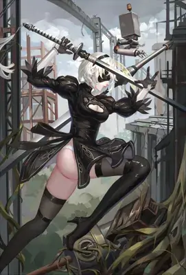 Illustration of 2B from NieR:Automata in a dynamic combat pose with swords.