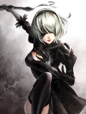 Digital art of 2B from NieR:Automata in a combat stance.