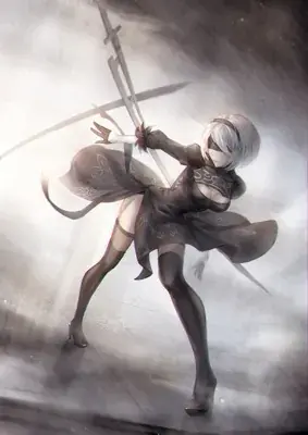 Illustration of 2B from NieR:Automata in a dynamic combat pose with two swords.