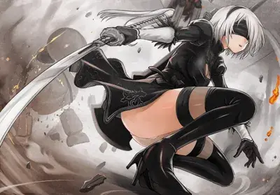 Illustration of 2B wielding a katana in a dynamic combat pose.