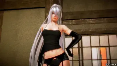 3D render of 2B from NieR:Automata in a black outfit.