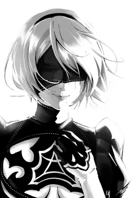 Grayscale illustration of 2B from NieR:Automata, featuring her blindfold and YoRHa emblem.