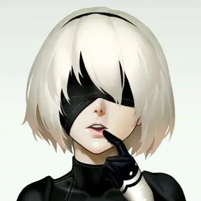 Digital portrait of 2B from NieR:Automata, with white hair and a black blindfold.